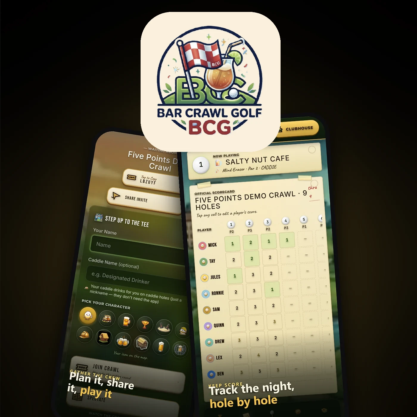 Bar Crawl Golf app: the crawl lobby and the live scorecard on iPhone